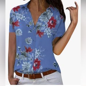 WOCACHI floral Blouse, Short Sleeve Button Down Top
